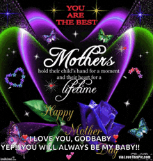 a mother 's day greeting card with a purple heart and butterflies