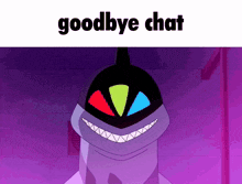 a cartoon character with a purple background and the words goodbye chat below it