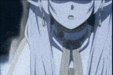 a close up of a cartoon character with long white hair
