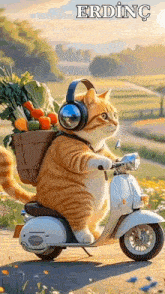 a cat is riding a scooter with a basket of vegetables on the back .