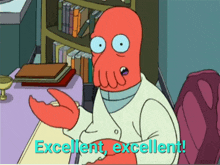 a cartoon character says excellent excellent in a library