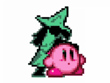 a pixel art of a person standing next to a pink cartoon character .