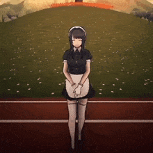 a girl in a maid outfit stands on a track with her hands folded