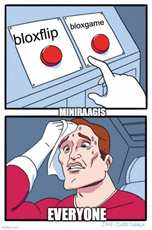 a cartoon of a person pressing a button that says bloxflip