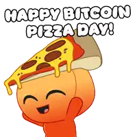 a cartoon character holding a slice of pizza with the words happy bitcoin pizza day below it