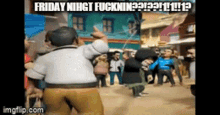 a group of cartoon characters are dancing in a street and the caption reads friday nihgt fuckin