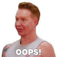 a man with a surprised look on his face is wearing a gray tank top that says oops