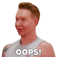 a man with a surprised look on his face is wearing a gray tank top that says oops