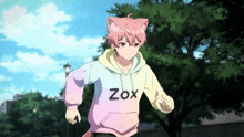 a boy with cat ears and a hoodie that says zox