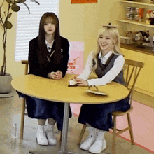 two girls are sitting at a table with a plate on it .