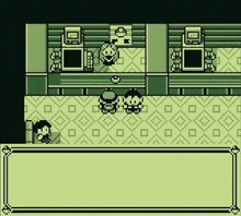 a black and white video game scene with a man sitting at a table talking to two pokemon .