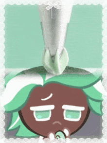 a cartoon character with green hair and a sad face
