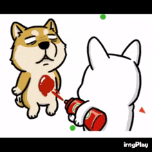 two cartoon dogs are fighting each other and one is holding a bottle of ketchup .