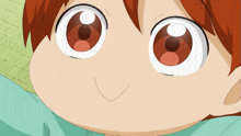 a close up of a child 's face with red hair and big white eyes