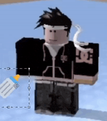 a roblox character wearing a black shirt with a dc logo on the sleeve is standing on a blue surface .