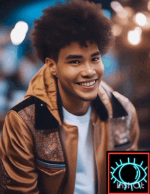 a man in a brown jacket smiles in front of a neon eye that says what