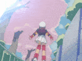 a girl in a white hat is walking down a staircase