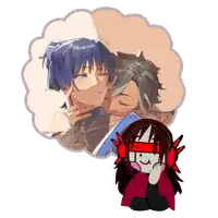 a cartoon drawing of a couple kissing with a girl wearing red headphones behind them