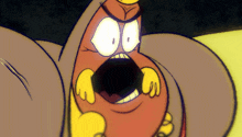 a close up of a cartoon character with a surprised expression on his face