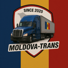 a logo for a company called moldova-trans shows a blue semi truck