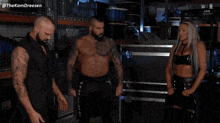 three wrestlers standing next to each other with the caption if you 're not committed to the culling you 're out !