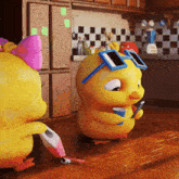 a cartoon chicken wearing sunglasses holds a cup of coffee