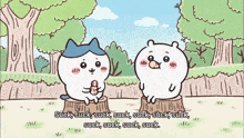 a cartoon of a cat and a bear sitting on tree stumps with the words suck suck suck suck suck suck