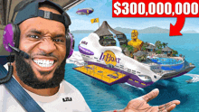 a man wearing headphones stands in front of a boat that says lboat