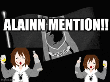 a girl is holding a beer and a microphone in front of a flag that says alainn mention !!