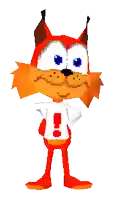 a cartoon fox is wearing a white shirt with an exclamation point on the back