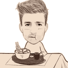 a cartoon of a man eating a bowl of food with chopsticks