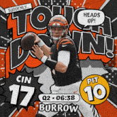 a football player throws a ball with the words " suddenly touch down " behind him