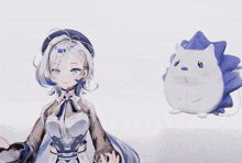 a girl with white hair is standing next to a stuffed animal that looks like a hedgehog