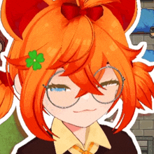 a close up of a girl with orange hair and glasses