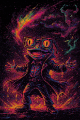 a frog wearing glasses and a trench coat is surrounded by fire