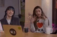 two girls are sitting at a table with laptops and cups of coffee .