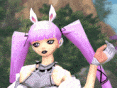 a girl with pink hair and white bunny ears is wearing gloves