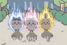 three cartoon characters are standing next to each other and the words gay highschool gc are on the bottom