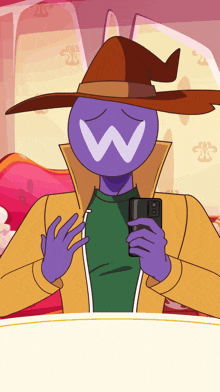a cartoon character with a w on his face is taking a picture of himself with his phone
