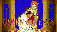 a queen of venus is sitting on a throne with a microphone in her mouth .