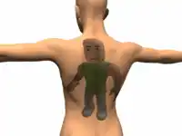 a 3d rendering of a man with a doll on his back