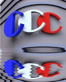 a blue , white and red cc logo on a gray background