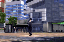a man is walking in front of a building with a sign that says tokyo