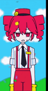 a cartoon character with red hair and a smiley face on his hat