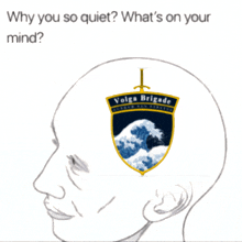 a drawing of a person 's head with a badge that says volga brigade on it