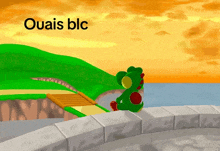 a cartoon of a frog sitting on a wall with the words ouais blc below it