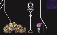 a cartoon character is standing next to another cartoon character .