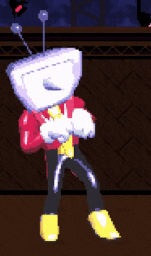 a pixel art of a cartoon character with a white head