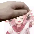a close up of a person 's hand touching a pink anime girl 's head .