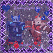 a picture of two robots with hearts and the words goodnight zombies